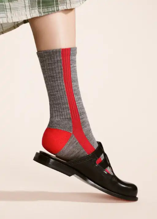 Tuxedo Stripe Wool Sporty Crew Socks - Red