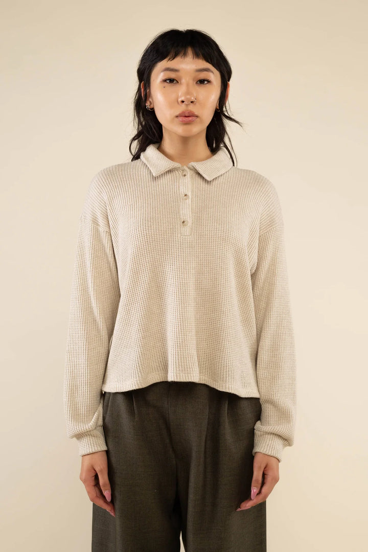 Fawn Waffle Polo Long Sleeve Top - Oatmeal