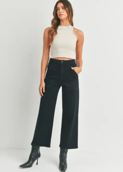 High Rise Utility Wide Leg Jeans - Black